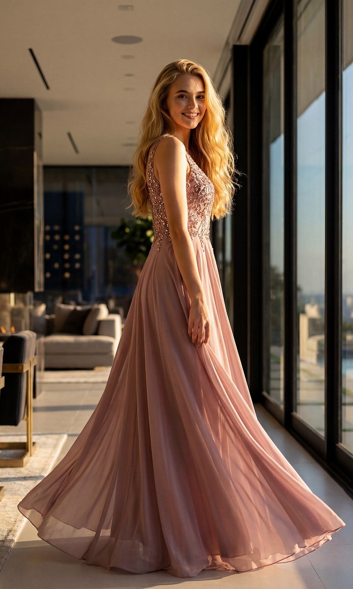 Wearing the Long Formal Dress: Juliet JTM21L, a woman stands in a modern, sunlit room with large windows and contemporary furnishings. The flowing, sleeveless mauve gown—ideal for a mother of the bride—features an elegant chiffon A-line skirt and exquisite beaded formal dress detailing, perfectly enhancing her sophisticated look.